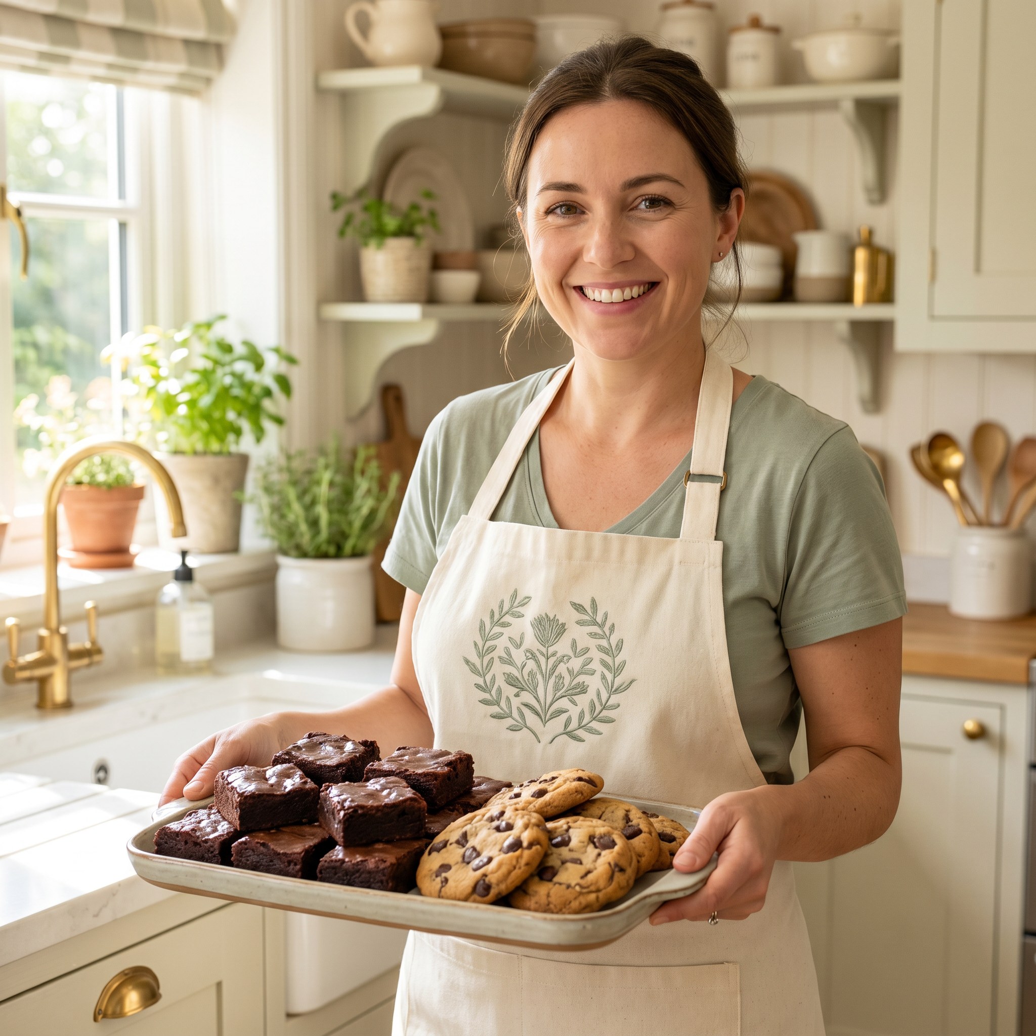 Happy home baker presenting a box of assorted brownies and cookies