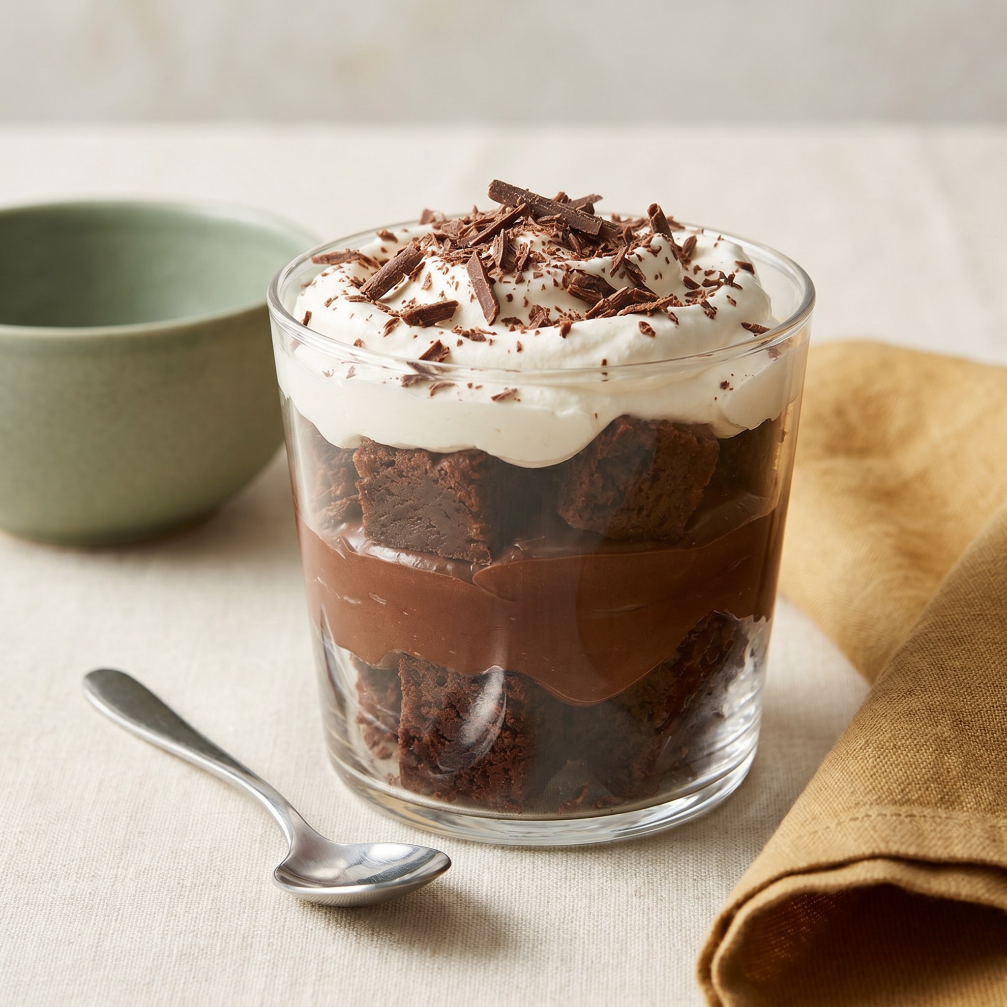 Layered brownie dessert in a cup